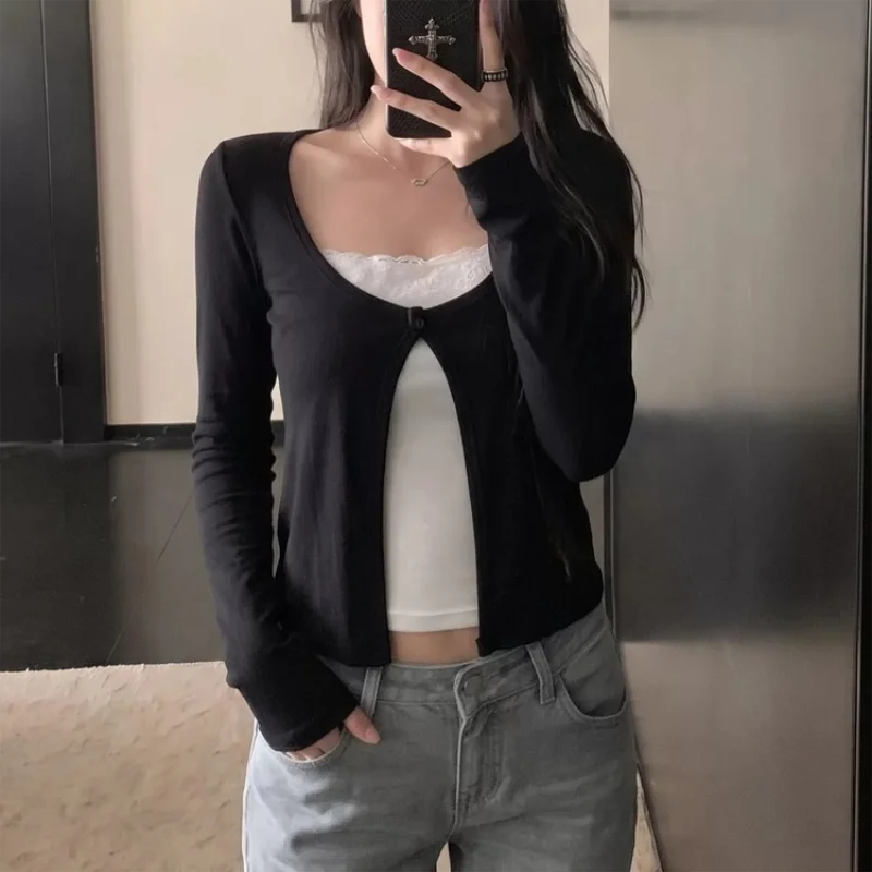 Sweet Girls Fake Two Pieces Long Sleeve T-shirt Women Casual Slim Tees Female Autumn Bottoming Short Top 2000s Clothes