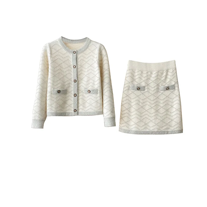 Ladies' apricot colored 2-pcs knitted suit cardigan jacket+skirt 2026 new spring and autumn small fragrance style set