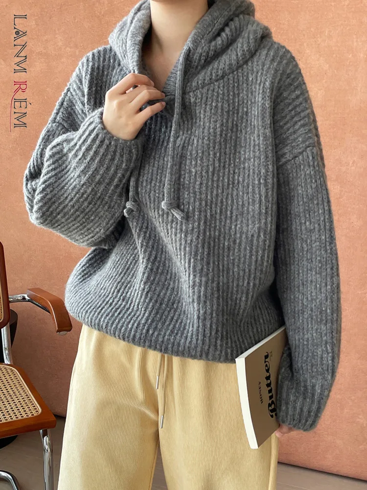 

[LANMREM] Hooded Knit Pullovers Women's Solid Drawstring Warm Long Sleeve Female Sweaters Fashion 2024 Winter New 26C1377