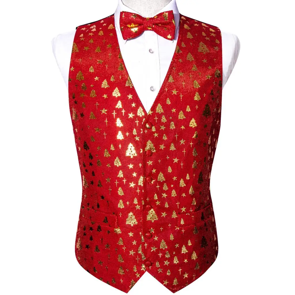 Christmas Vest for Men Silk Red Green White Gold Snowflake Santa Claus Elk Reindeer Waistcoat Tie Bowtie Set Party Barry Wang