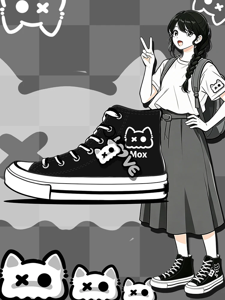 Amy und Michael Damen-Sneaker mit niedlichem Cartoon-Katzen-Charm, hohe Canvas-Schuhe, schwarze Schnür-Sneaker, Y2K Kawaii Mädchen-Freizeitschuhe – Detail 3