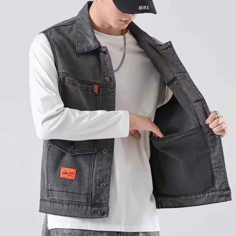 

Мужской джинсовый жилет в японском стиле в стиле ретро, весенне-осенний многоэтажный износостойкий жилет с накладками на плечах, верхняя одежда
