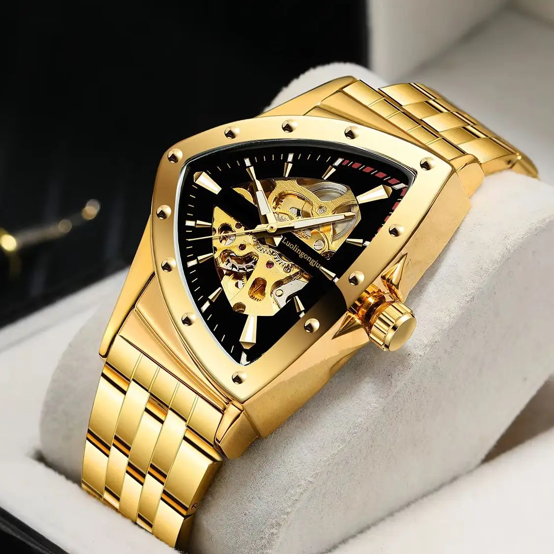 High-End Men's Luxury Automatic Mechanical Watch with Stainless Steel Hollow Triangular Skeleton Dial, Casual Men's Timepiece