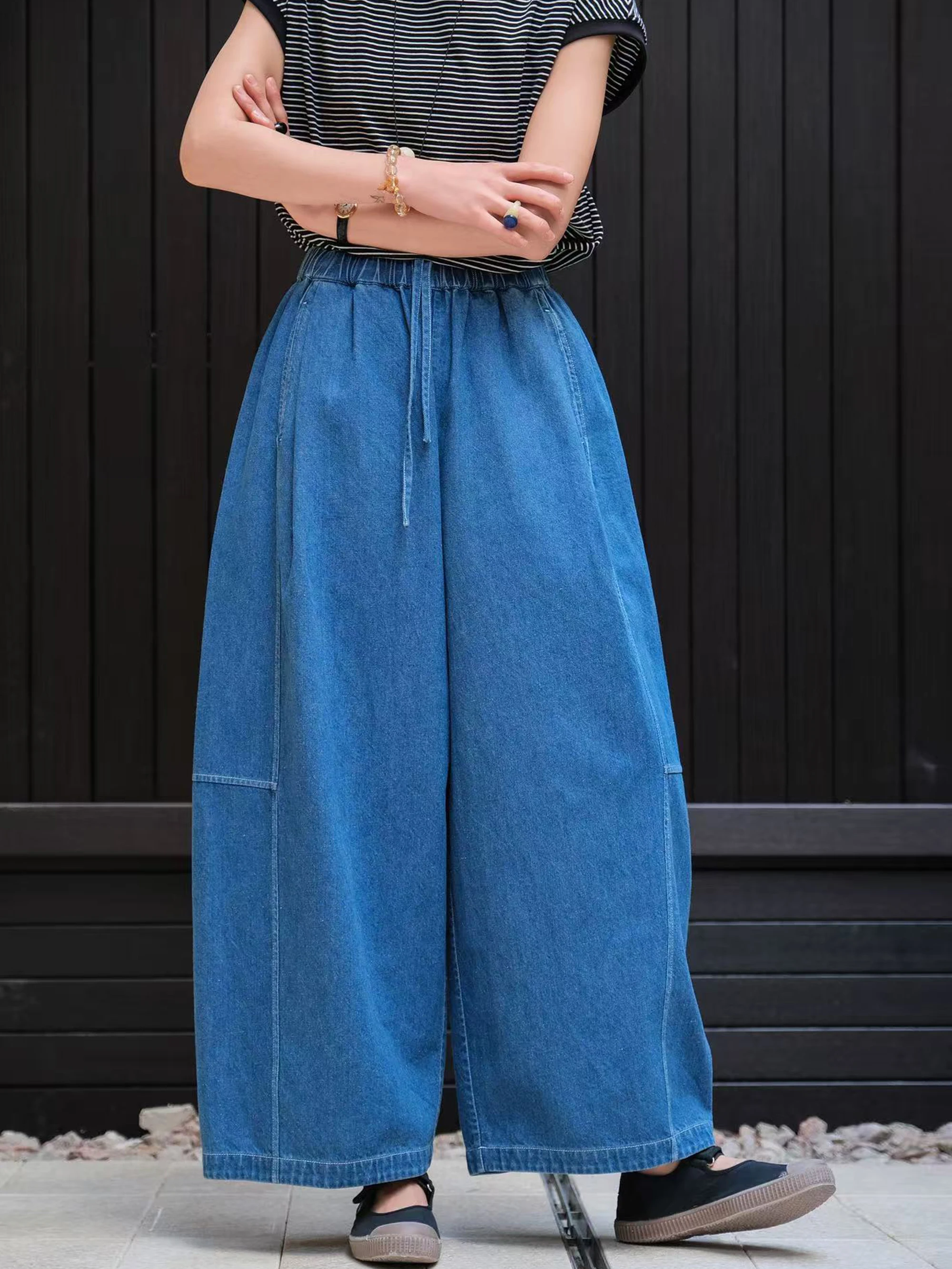 

Washed Denim Han Han Cotton Blend Elastic Waist Simple Loose Jeans Color Block Stitching Casual Straight Leg Trousers