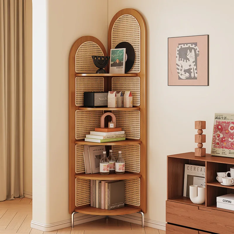 Chinese retro rattan corner cabinet rack, living room multi-layer corner ornament, bedroom solid wood screen storage rack