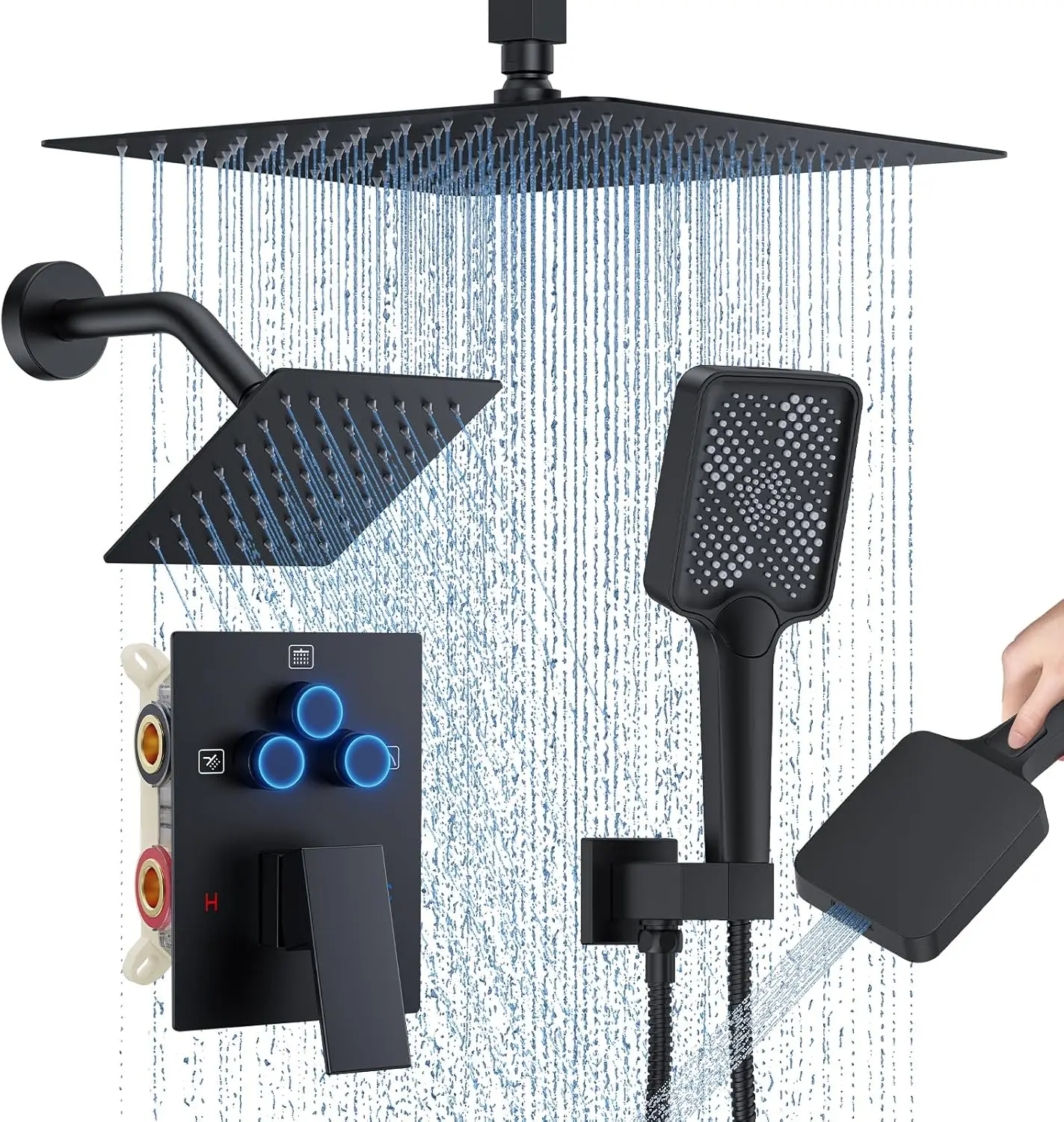 

12" Ceiling Mount Rainfall Shower System with 2 Rain Heads, Handheld Spray, Push Button Diverter in Matte Black