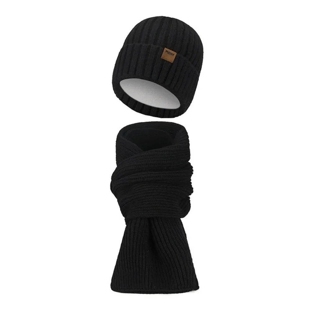 

2Pcs Set Trendy Windproof Knitted Hat Scarf Thicken Plush Men's Hat Simple Soft Warm Scarf Winter Autumn