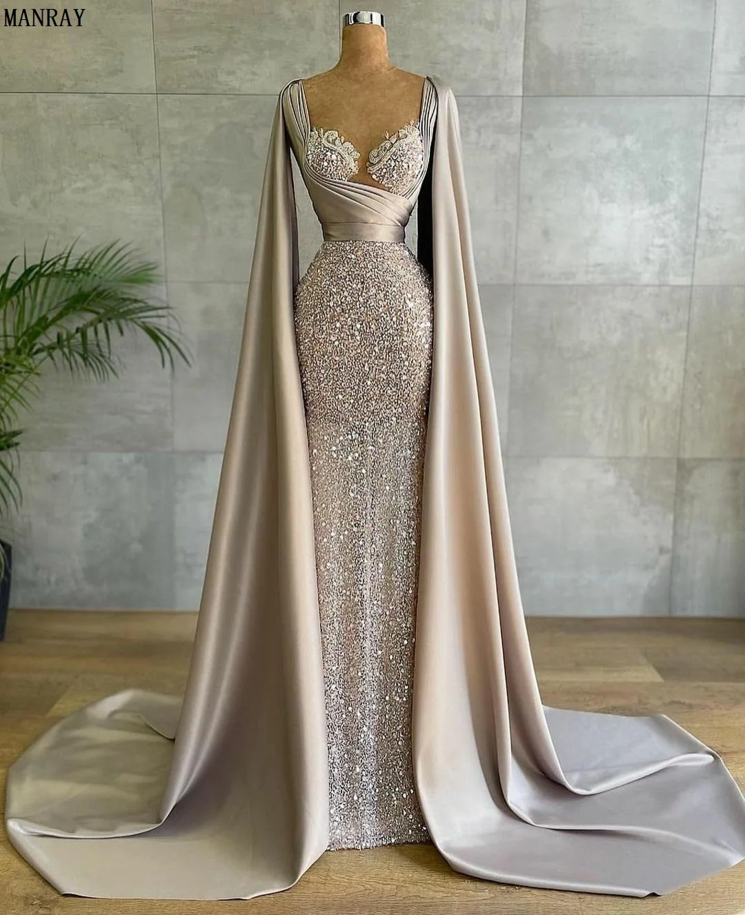 

MANRAY Sequins Evening Gown with Capes Luxury 2023 Mermaid Prom Dresses Ruched Sweetheart Party Women Gowns Vestidos De Gala