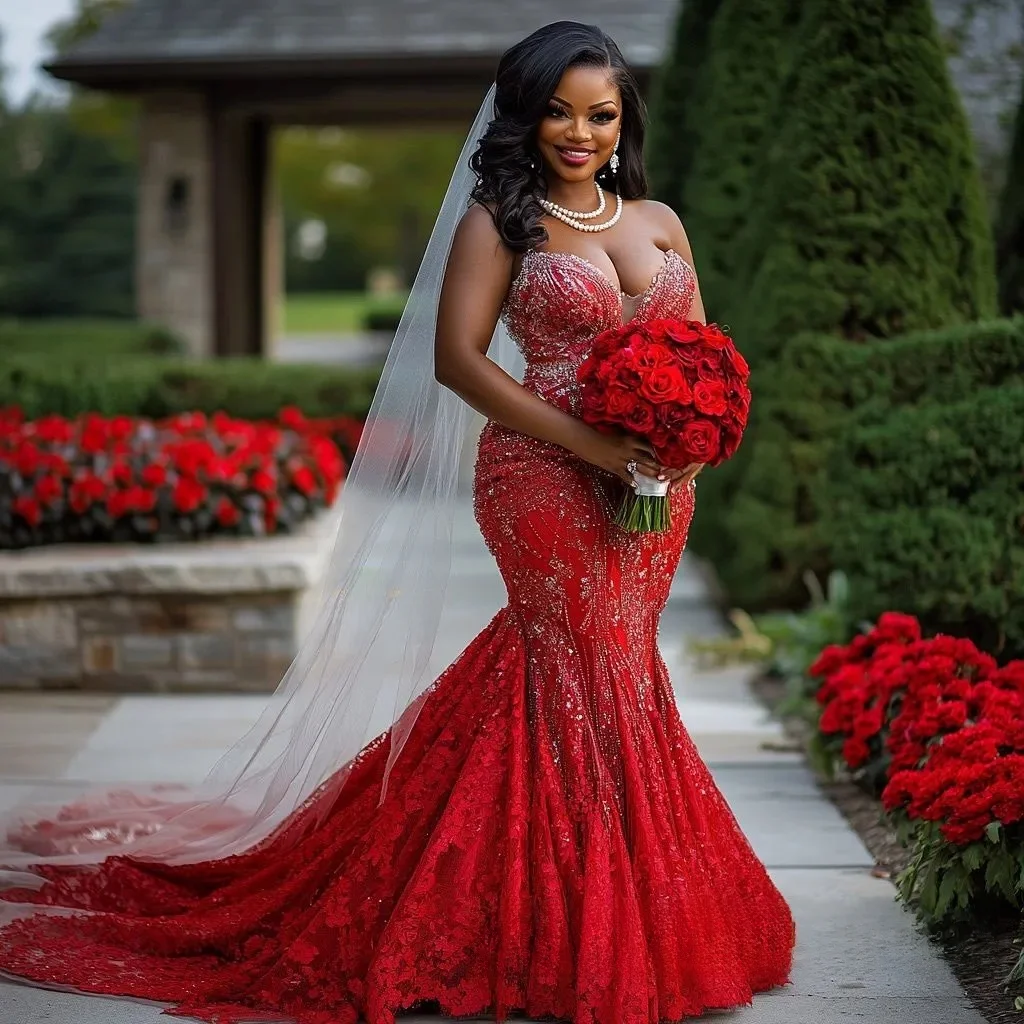 

Customized African Wedding Dress Bridal Gowns Bride Mermaid Sweetheart Appliqued Beaded Lace Pearls Tiered Pleat