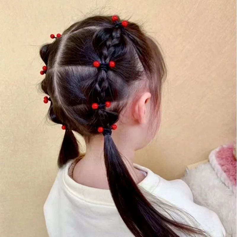 10PCS Children\'s High Elastic Rubber Bands For Girls Red Beans Ponytail Holders Hair Rope Hair Ties Cute Hair Accessories