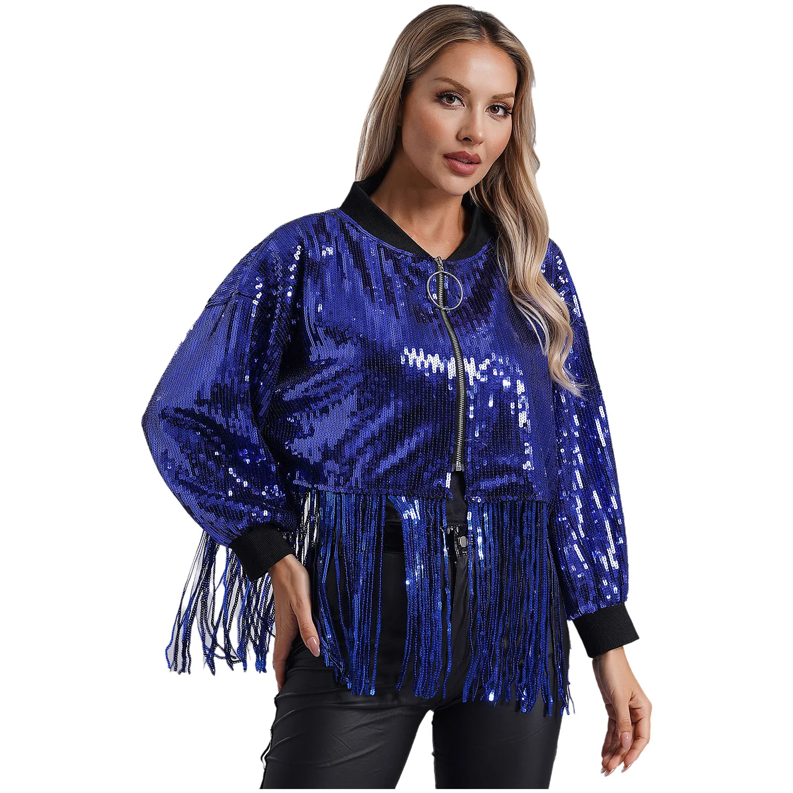 Womens Sequins Fringe Crop Outerwear Long Sleeve O-Ring Front Zip Jacket Coat Disco Party Jazz Dance Music Festival Clubwear