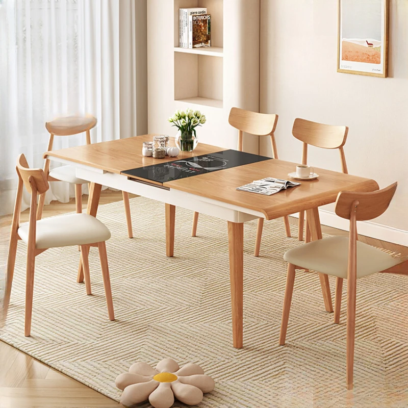 Simple modern Nordic solid wood small apartment log style dining room retractable induction cooker dining table and chair