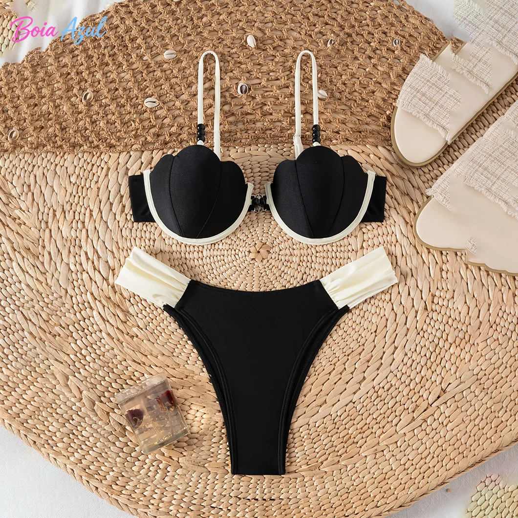 Color-matched two-piece bikini with steel support structure shell-shaped cups and beaded decorations beach and pool swimwear