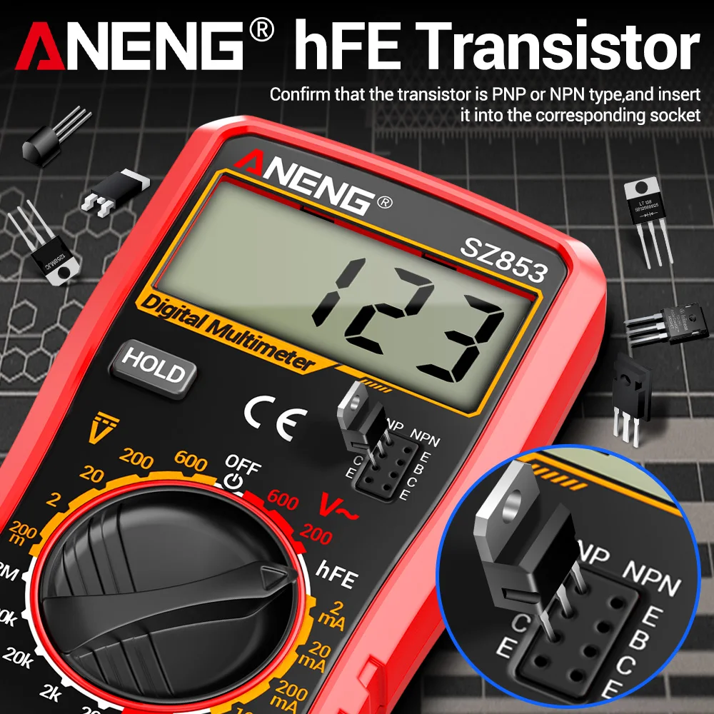 

Цифровой мультиметр ANENG SZ853 с 1999 показаниями измерений, измерением напряжения AC/DC, тока, сопротивления, температуры, hFE, проверкой триодов и зуммером для электриков