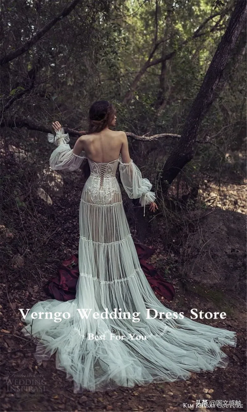 Verngo Sexy Strapless Boho Trouwjurken Off Shoulder Puff Lange Mouwen Lace Tulle Hof Trein Beach Bruidsjurken Photoshoot