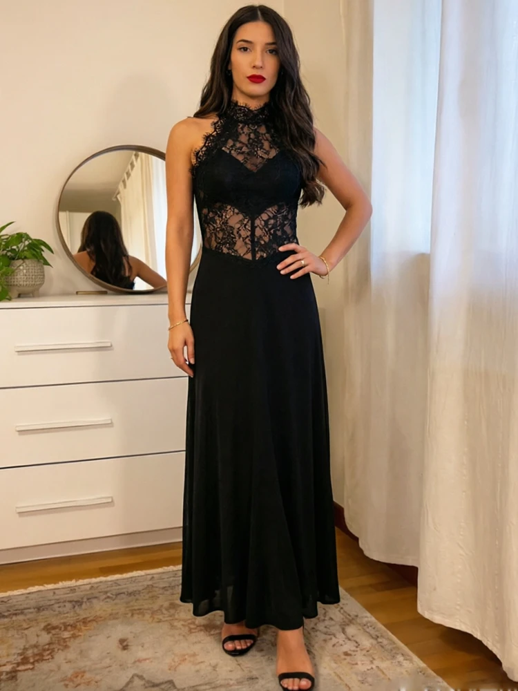 Women's Halter Maxi Dress With Lace Black Mesh Sheer Sleeveless Slimming Dress For Women Elegant Party Dress Female Evening Gown view 2