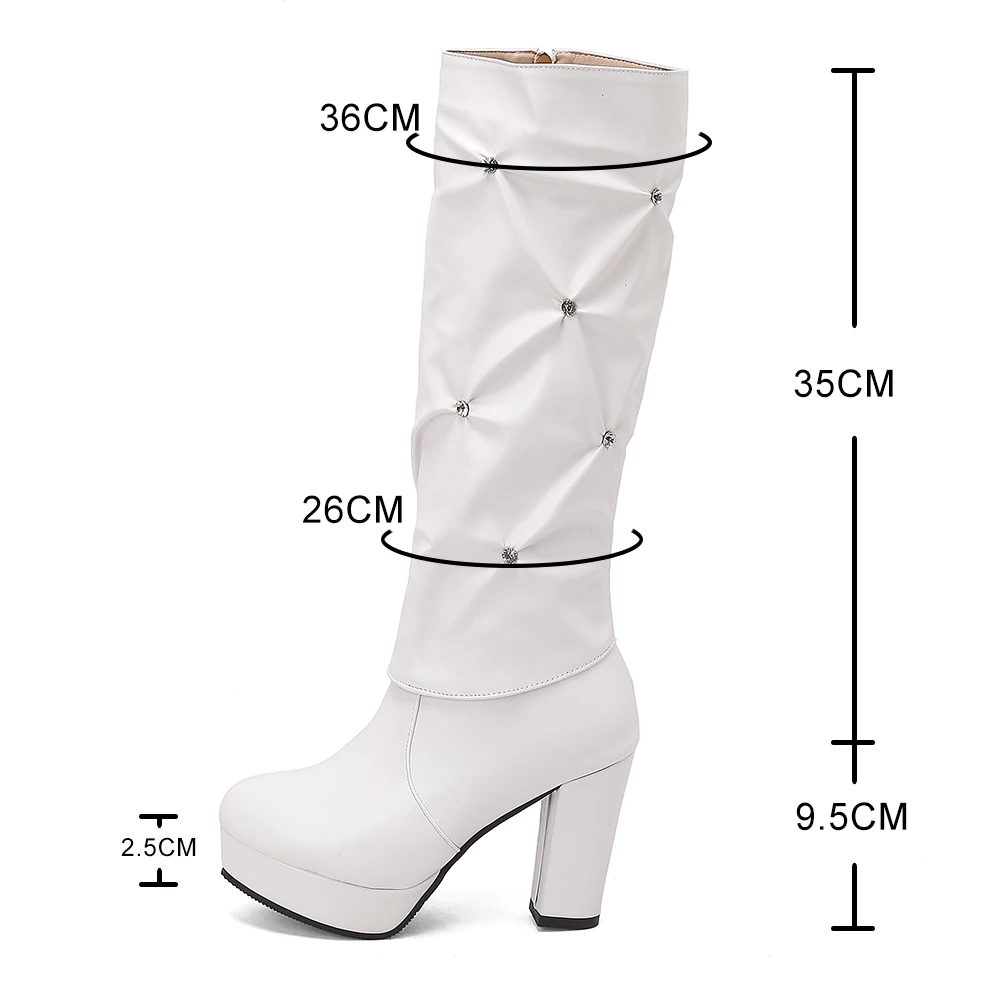 Retro women round toe platform boots Diamond Pleated knee high boots winter High Heel boots ladies chunky heel shoes 2023 New