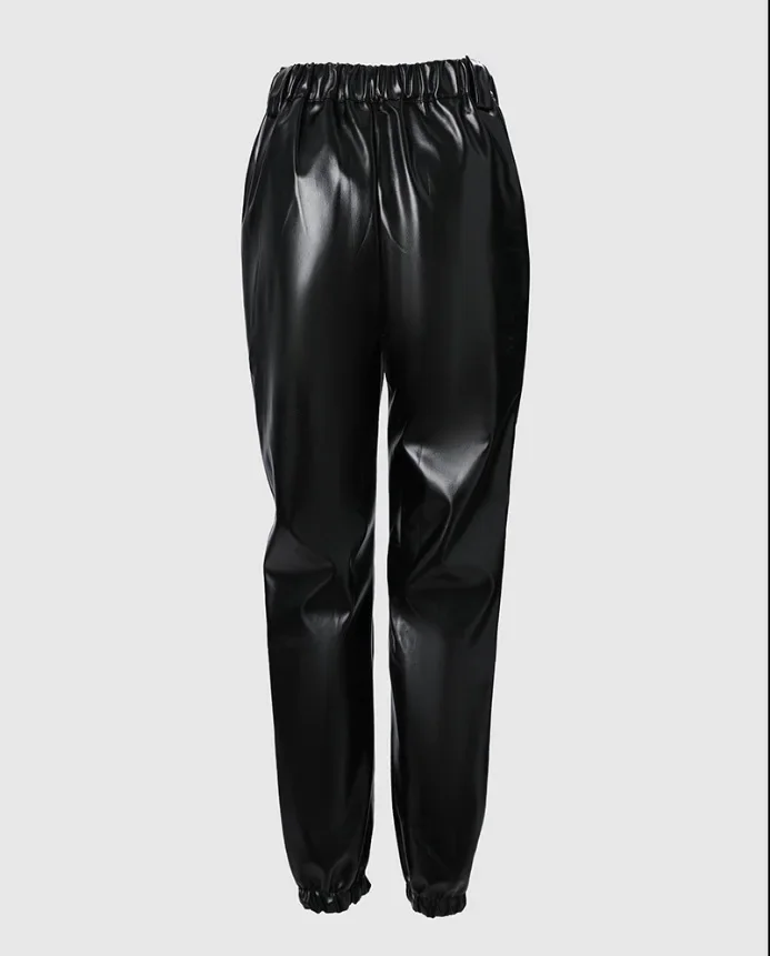 Women Black Pu Leather Pants Casual 2025 Autumn Fashion High Waist Pocket Design Sexy Tight Long Trousers Clothing Streetwear