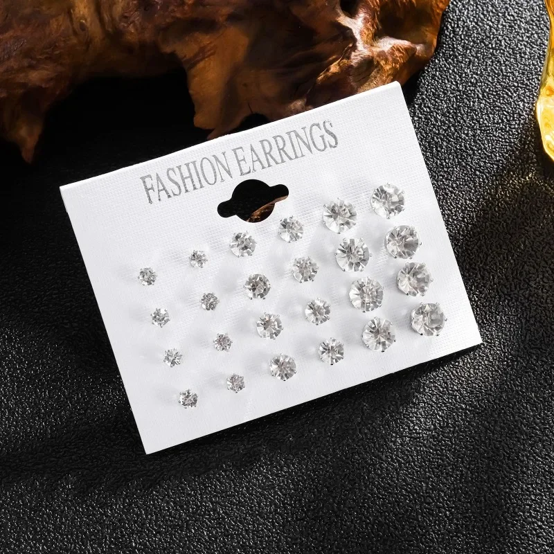 Conjunto de pendientes de tuerca de boda para hombres y mujeres, accesorios de joyería de cristal, blanco brillante, nuevo, 12 pares por paquete