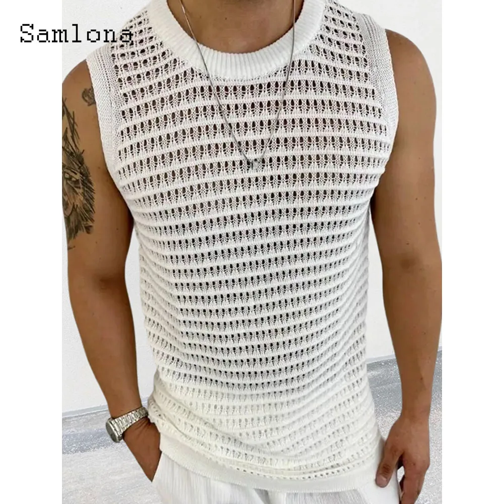 Plus Size Men Casual Knitted Tank Tops Mens Streetwear 2023 Sexy Hollow Out Vest Men's Sleeveless Ripped Beach Tracksuits Shirts