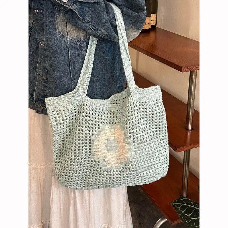 Woven Flower Shoulder Bag for Women Totes Knitting for Daily Commutes Handbag Big Capacity Casual Park Strolls, Weekend Shopping