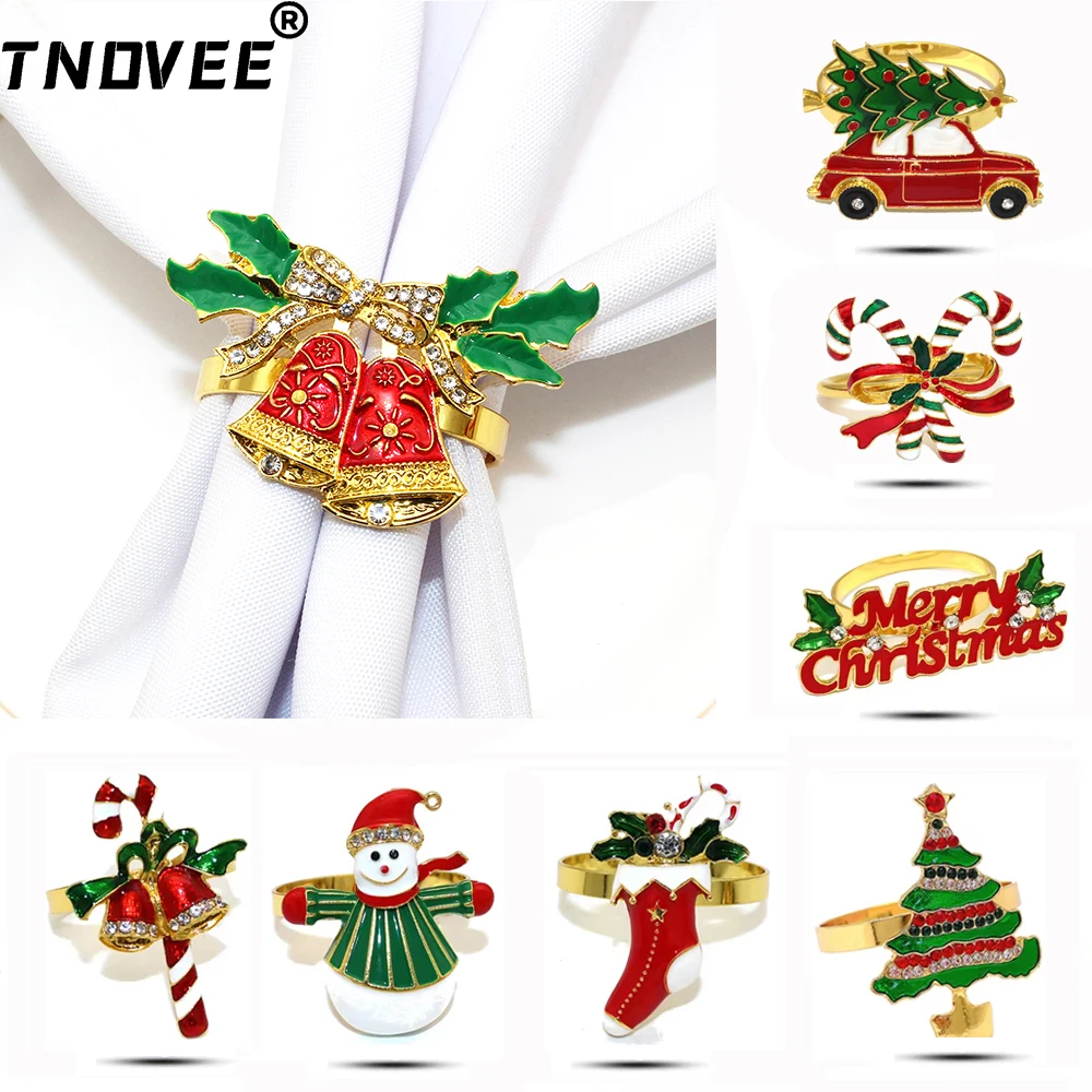 6Pcs Christmas Napkin Rings Bell Reindeer Xmas Tree for Christmas Wedding Thanksgiving Home Kitchen Dinner Table Decorations