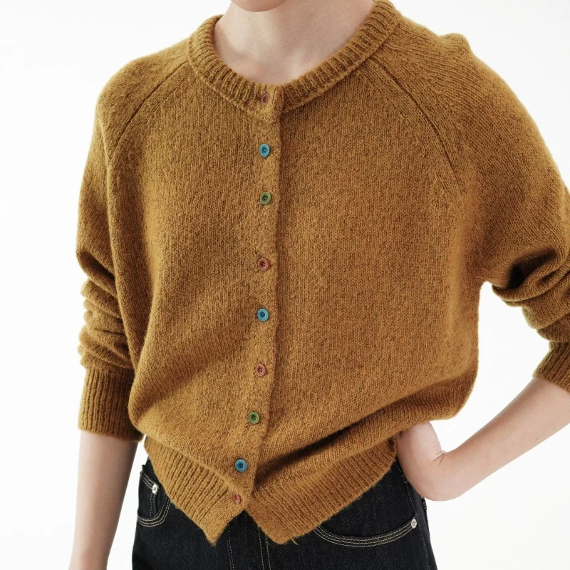 Birdtree, Kardigan Rajut 100% Wol Domba, Sweater Wanita Retro Kerah O Lengan Panjang, Atasan Musim Gugur Musim Dingin 2025, Beige, Kuning T5O816JF