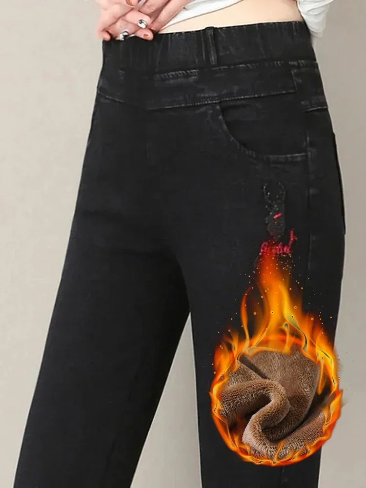 Women Winter Plush Vintage Vaqueros Thick Warm Elestic High Waist Pencil Jeans Casual Add Velvet Skinny Denim Pants Jean Capris