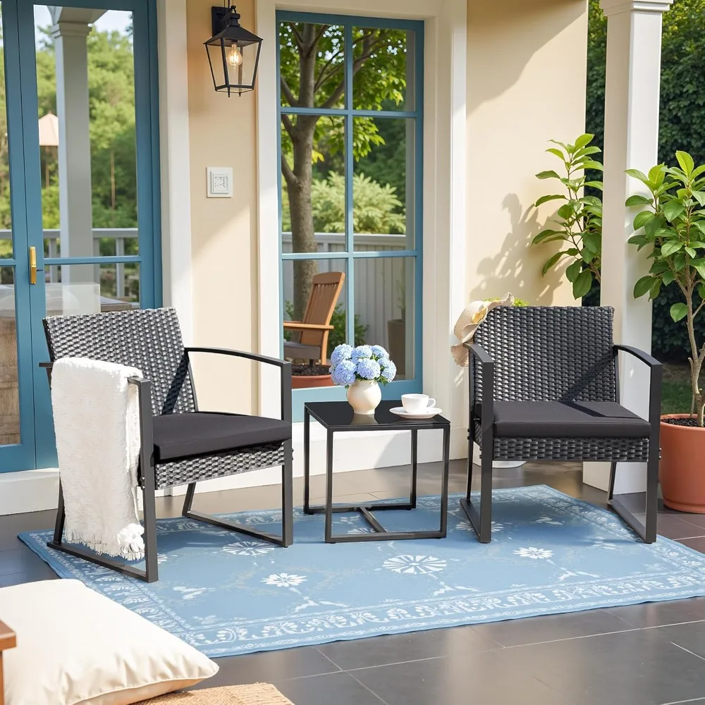 ชุดเฟอร์นิเจอร์กลางแจ้ง เก้าอี้บิสโทรสำหรับลานบ้าน พร้อมโต๊ะกาแฟกระจก สำหรับสระว่ายน้ำ ชายหาด สนามหลังบ้าน ระเบียง ลานเฉลียง สวน สีดำ