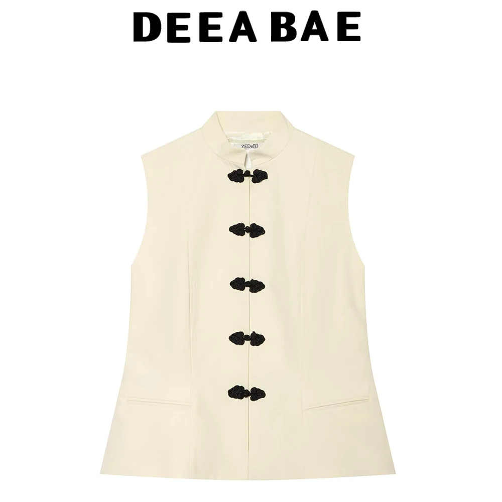 DEEABAE Weste im chinesischen Stil mit Schnalle und Stehkragen für Damen, schmal geschnittene, ärmellose Weste, Pendler-Outfit, beige Weste