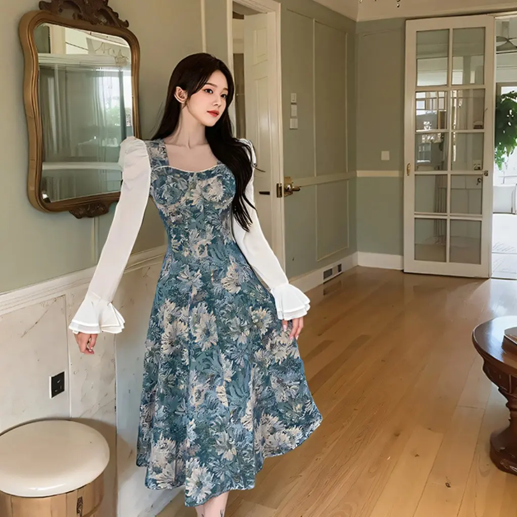 

Очень большое женское платье с цветочным принтом, с длинным рукавом и квадратным воротником, модное элитное осеннее платье для полных девочек, емкость 300 кг