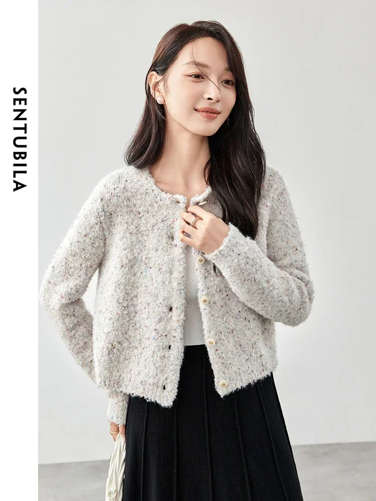 

SENTUBILA Knitted Cardigan Women 2025 Autumn White Spliced Thick Tops O Neck Single Breasted Office Lady Cropped Tops W44E57398
