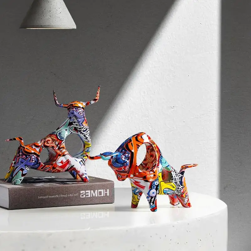 Bull Statue Resin Graffiti Bull Statue Color Full  Minimalistic Bull Decor Figurine Creative Ornament Craft Figurine Sculpture