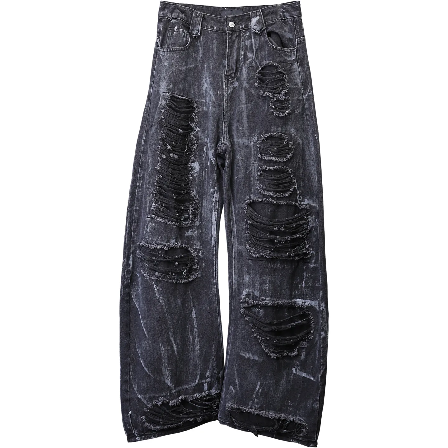 Designer Wasteland Style American Washed Distressed Painting Destroyed Wind Ripped Machete Jeans Loose Men's Wide Leg Trousers