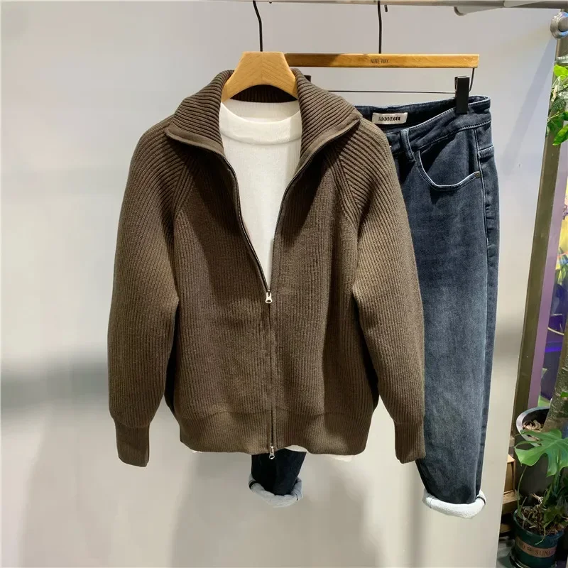 

2025 Autumn/Winter New Men's Fashion Knit Sweater Cardigan Long Sleeve Zipper Up Casual Solid Color Lapel Thin Material
