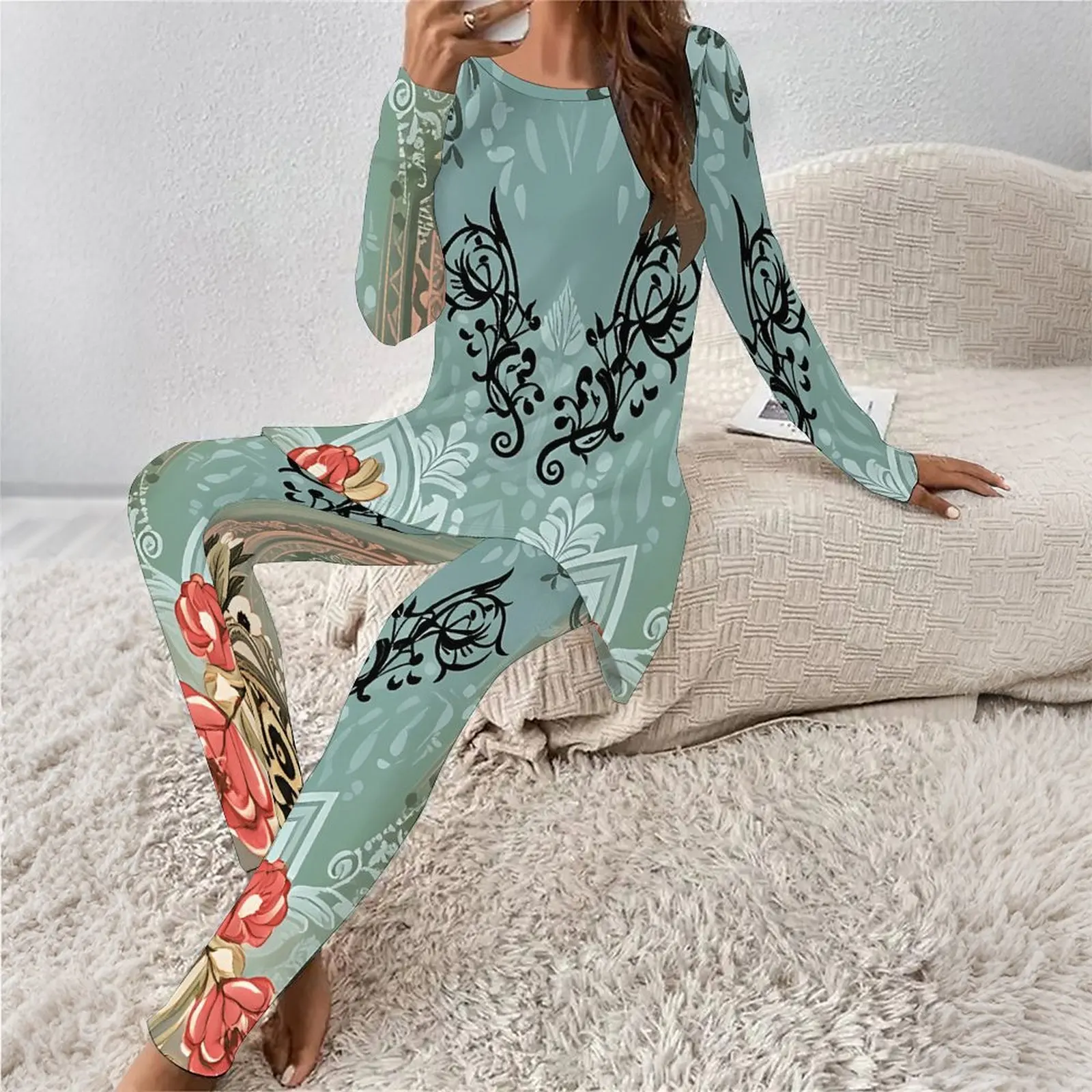 2 Piece Round Neck  Everyday Commuting Clothes  Beach Vacation Tight-fitting Sweatpants Women Print  Two Piece Set