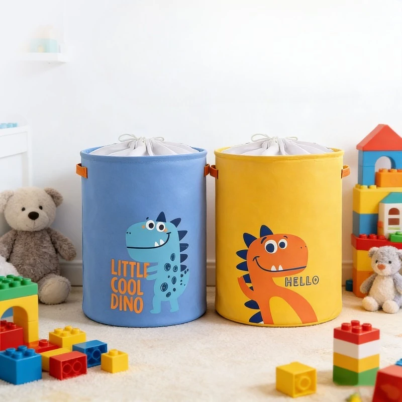 Cotton Linen Dinosaur Print Drawstring Storage Bucket Foldable Dustproof Basket For Home Sundries And Clothes