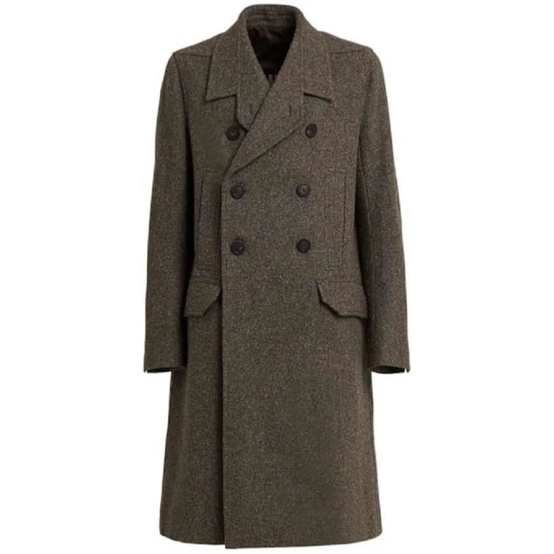 Vintage Men's Long Overcoat Wool Blend Notched Lapel Double Breasted Jacket Classic Fit Wedding Party Tuxedos Custom Made