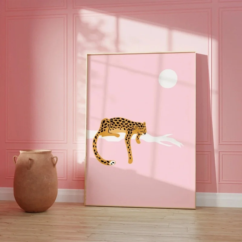 1PCS Frameless Pink Leopard Wall Art Poster, Cute Animal Print with Hearts, Modern Minimalist Decor, Unframed Pop Style Artwork