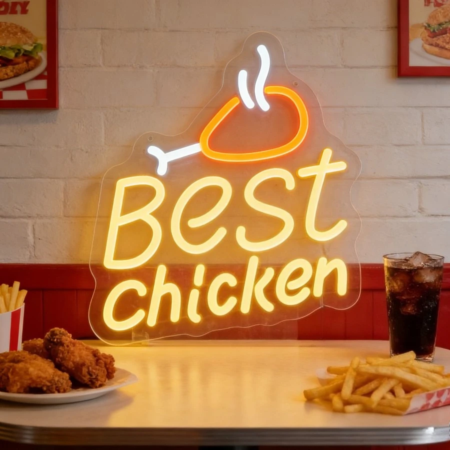 Fried Chicken Neon Sign LED USB Dimmable Wall Light for Fast Food Restaurant Cafe Kitchen Home Dining Room Food Party Decor Gift