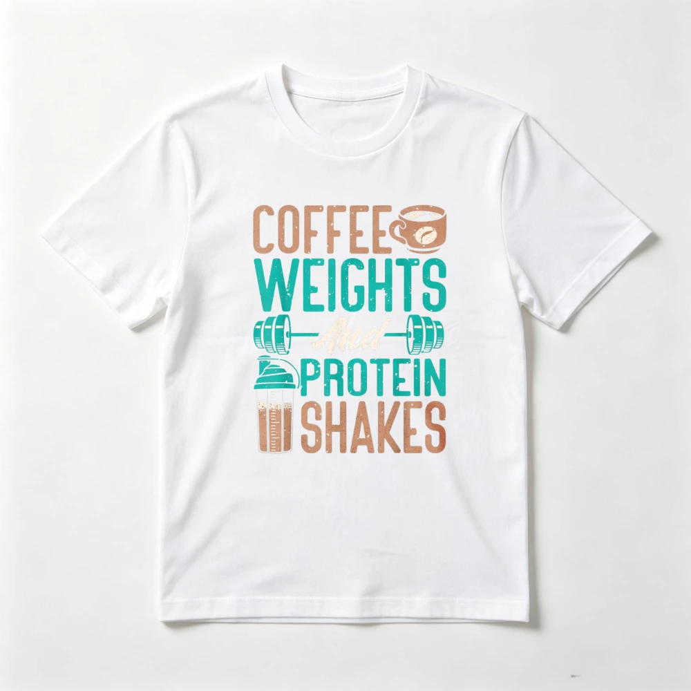 Coffee Weights and Protein Shakes Weightlifting Workout T-Shirt Funny Casual Fashion Loose Harajuku Man Women Summer Clothing