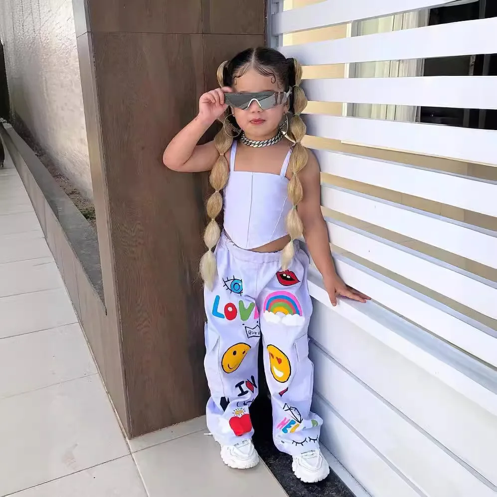 Fashion Girl Suits White Girl Clothes Set Crop Top Tank Shirt and Loose Pants Print Chic Kids Clothing Children Outfit Elegant