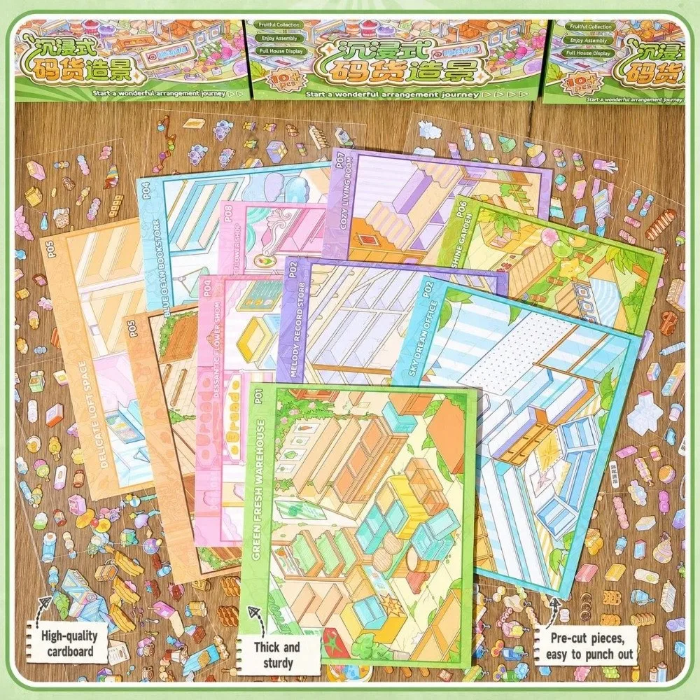 Store Theme 3D Miniature Scene Stickers Stacking 10 Scenes Landscape Sticker Book Stress Relief DIY Cabin Scene Sticker Adults