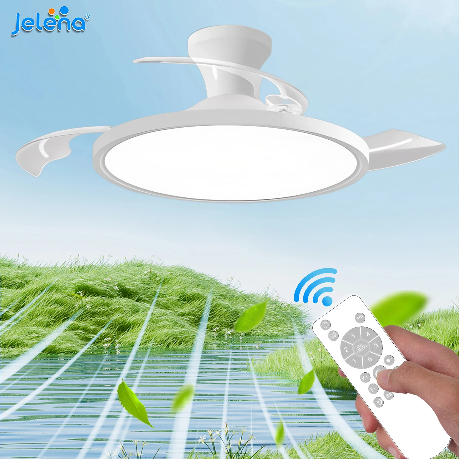 Ventilador de Techo Moderno Jelena con Lámpara, Control Remoto, APP, Regulable, Retráctil, Lámpara de Techo para Dormitorio, Cocina, Salón