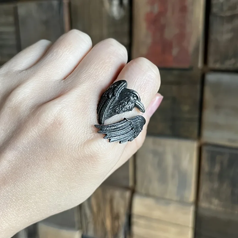 

Gothic dark themed personalized crow ring, retro wing opening adjustable finger, Halloween and Christmas jewelry gift.