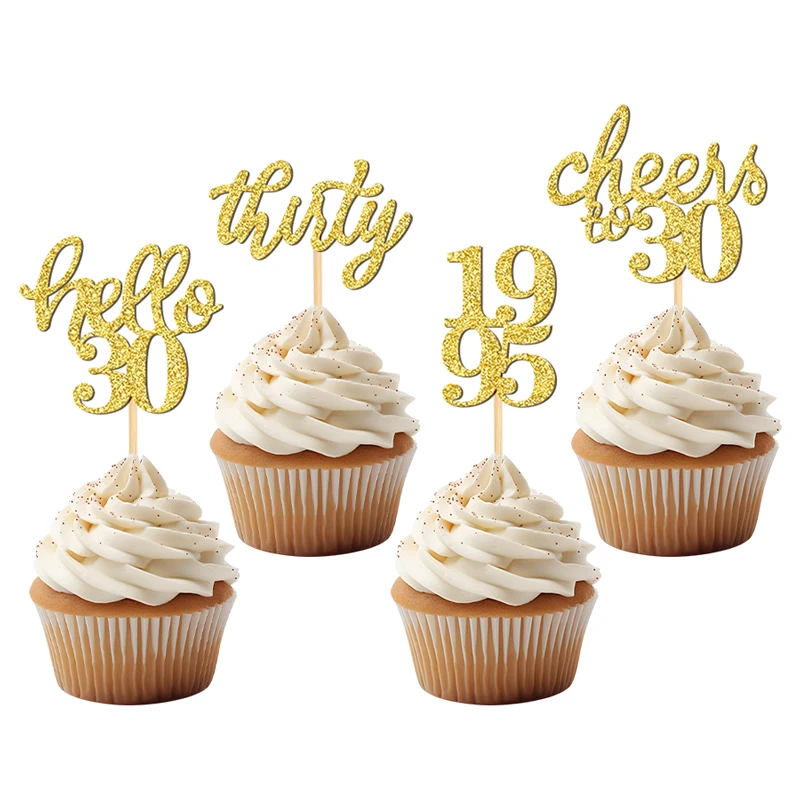 NUBECOM 24 pièces paillettes 30th anniversaire Cupcake Toppers 30th anniversaire décoration de gâteau pour mariage 30 anniversaire gâteau décor fournitures