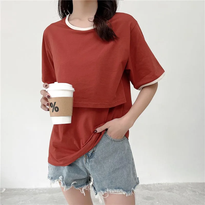 95% Cotton Maternity Mother Nursing Tees Breastfeeding Pregnancy Round Neck Short Sleeve Out Wear Nursing T-Shirt