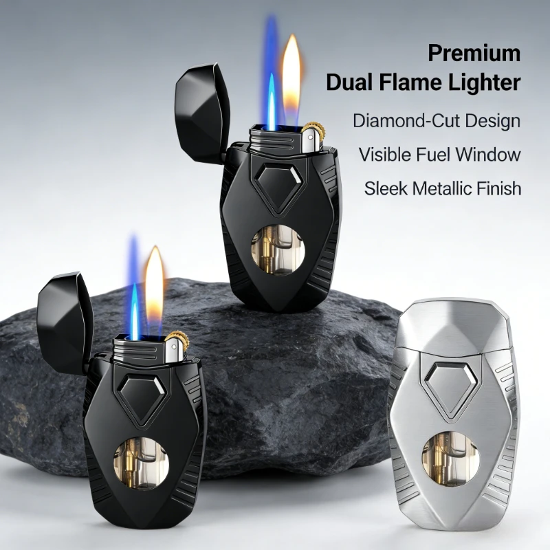 Mecha-Inspired Dual Flame Gas Lighter, Premium Metal Body with Grinding Wheel Ignition, Direct Injection + Open Flame, Stylish