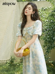 MISHOW Women's French Floral Chiffon Dress Summer 2024 Square Neck Waist Slim Puff Sleeve A-line Mid Length Dress MXD25L1899