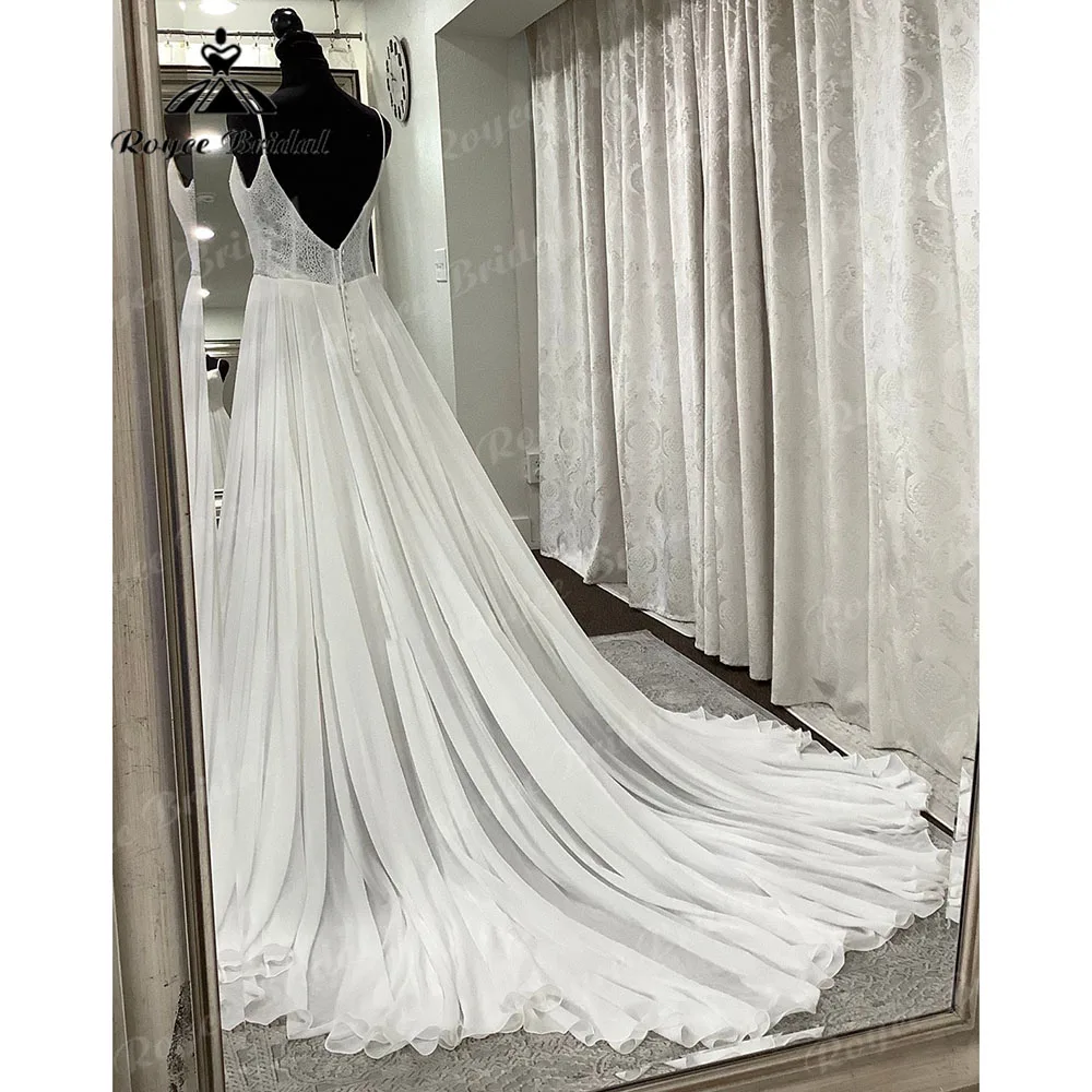 Robe Mariage Femme Royale Kant Lijfje Chiffon Boho A Lijn Open Rug Trouwjurk V-Hals 2023 Bruidsjurk Spaghettibandjes